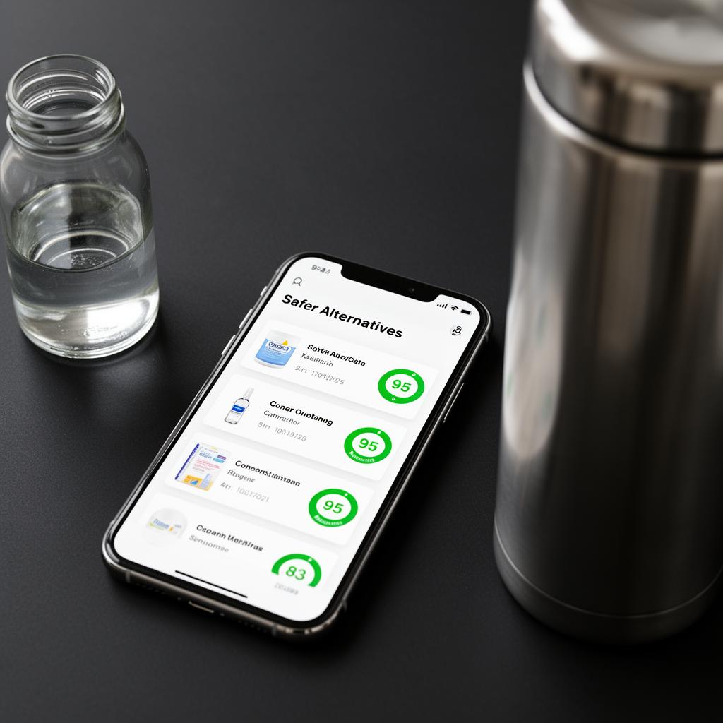 Phone showing safer alternative product list with green scores