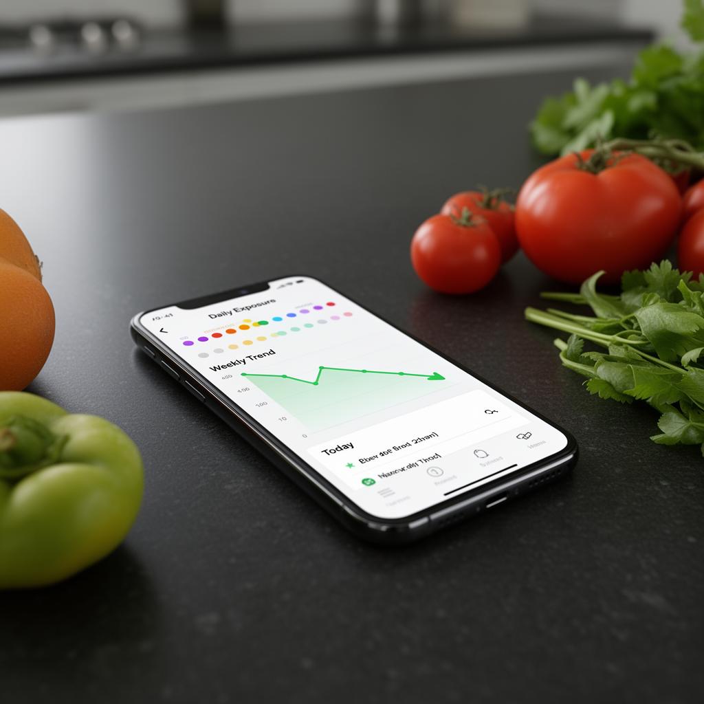Phone showing daily exposure timeline and weekly trend chart